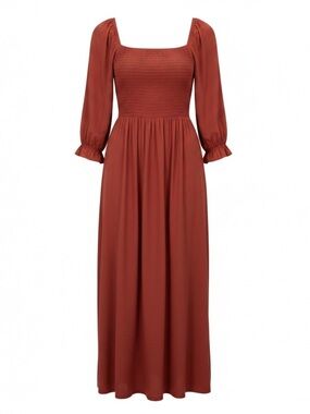 ZESICA Women's Square Neck 3/4 Puff Sleeve Smocked High Waist Flowy Maxi Dress.
